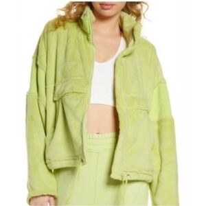 Free People movement women medium HIT THE SLOPES lime green fuzz sweater jacket